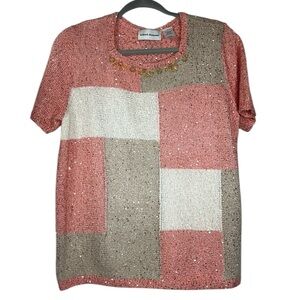 Alfred Dunner short sleeve color block sequins embellished knit top Sz L Coral